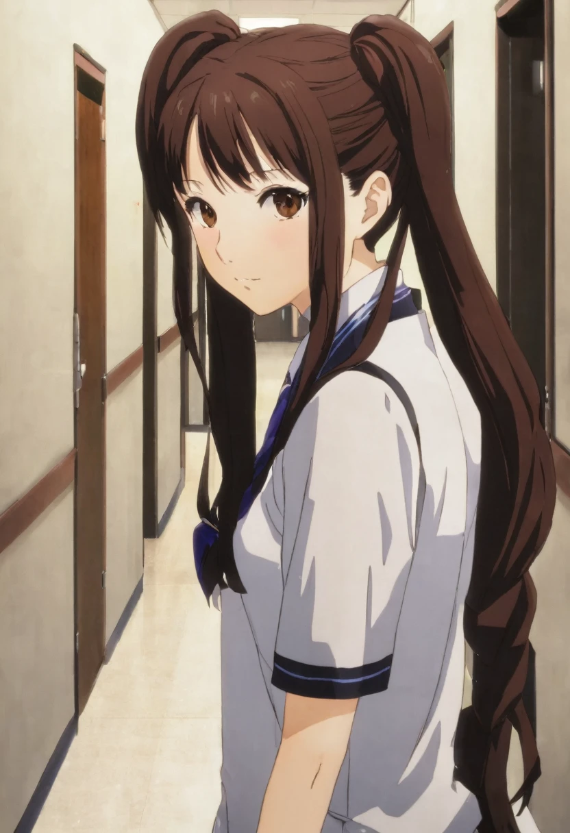 from front, upperbody,dsrise, brown hair, long hair, twintails, brown eyes, yasogami , serafuku, black thighhighs, 1girl, solo BREAK standing, school hallway, cinematic, game cg, anime screencap, official art, masterpiece, best quality