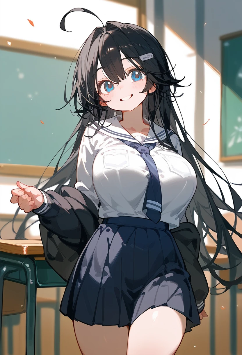 One high school girl、Big Breasts、Black Hair、Long Hair、Straight Hair、Ahoge、high school student、smile、Dark blue eyes、Big eyes、、Background School