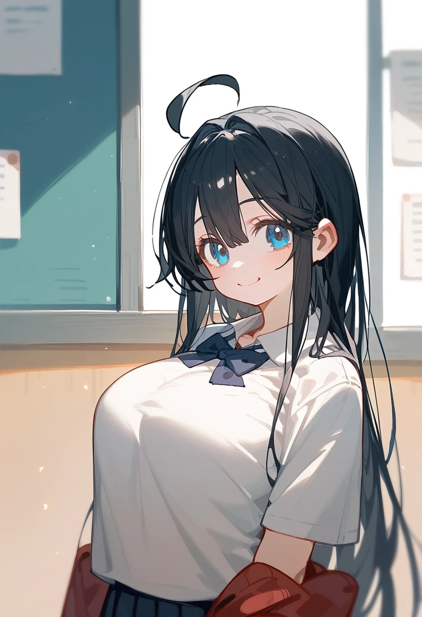 One high school girl、Big Breasts、Black Hair、Long Hair、Straight Hair、Ahoge、high school student、smile、Dark blue eyes、Big eyes、、Background School