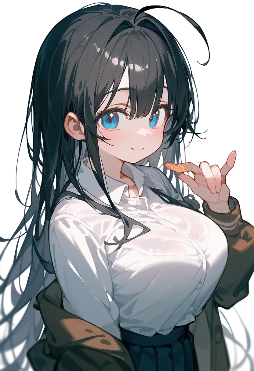 One high school girl、Big Breasts、Black Hair、Long Hair、Straight Hair、Ahoge、high school student、smile、Dark blue eyes、Big eyes、、Background School