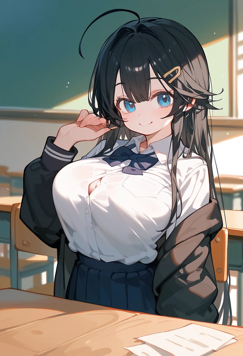 One high school girl、Big Breasts、Black Hair、Long Hair、Straight Hair、Ahoge、high school student、smile、Dark blue eyes、Big eyes、、Background School