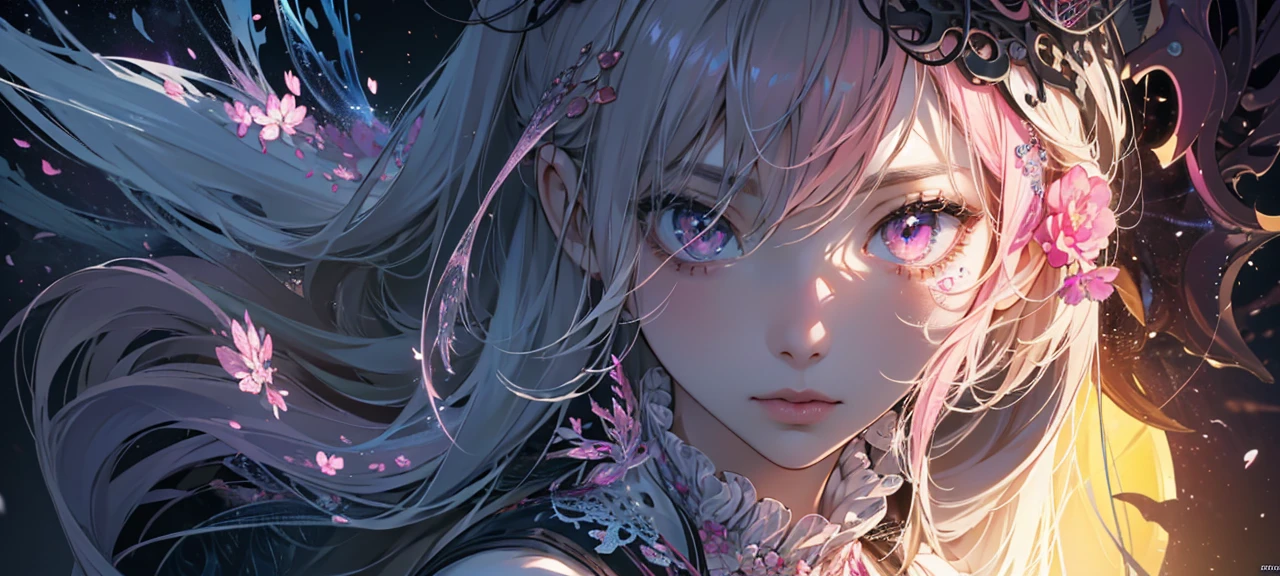 (Absurd, High Resolution, Ultra Detailed), 1girl, Solo, Very Detailed Eyes, (Official Art, Beauty and Aesthetics: 1.2), (Fractal Art: 1.3), White Pink Color Scheme, Most Detailed