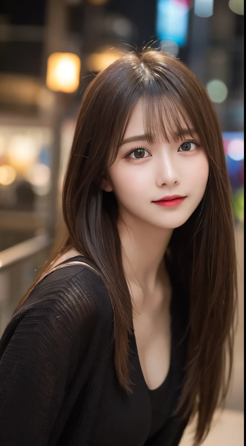 Tabletop, Highest quality, shape, Very detailed, finely, High resolution, 8k wallpaper, 完璧なダイナミックな構shape, Beautiful and exquisite, Nice spring clothes,Beautiful straight hair,Small breasts,Natural color lip, 20-year-old girl、cute、sexy shot looking at camera,Always blur the background,Perfect and beautiful face、Slim face and figure,Big eyes、Putting on gal makeup,Actual Photos（Best image quality）、Sexy Face、Fashion magazine model pose、A shy smile、Cyberpunk Fashion、Change pose randomly、Randomly change the shooting angle and position、Night Sky