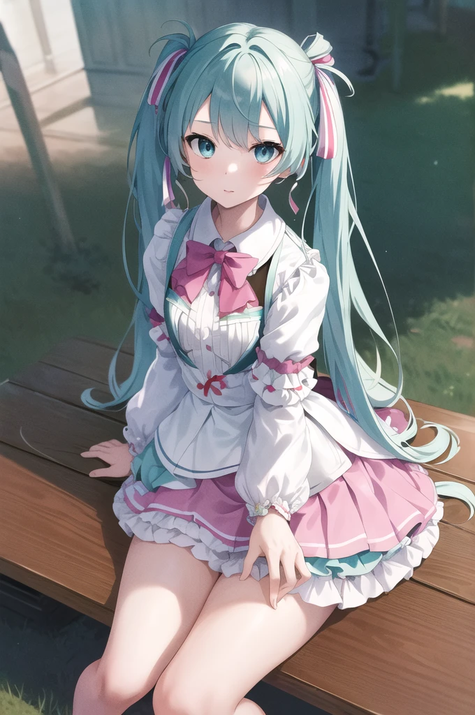 masterpiece, best quality, highres, nigormiku, heterorchrormia, aqua eyes, pink eyes, white skirt, sitting, table, bench, :or, orutdororrs, The background is made of colorful light particles.((must))