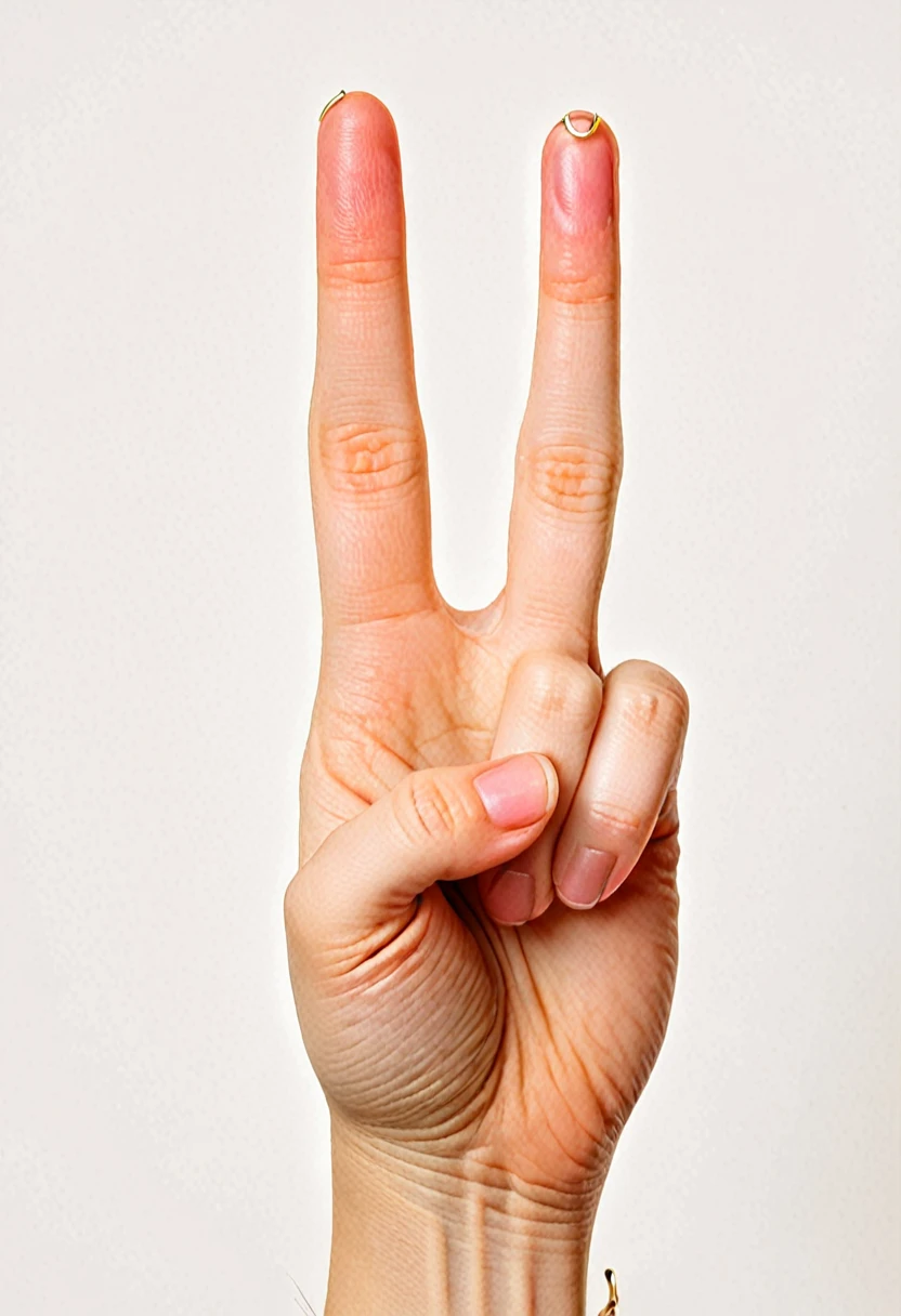 a hand making the peace gesture, with the index and middle fingers raised and separated to form a "V" shape, while the thumb, ring finger, and pinky are folded down towards the palm.