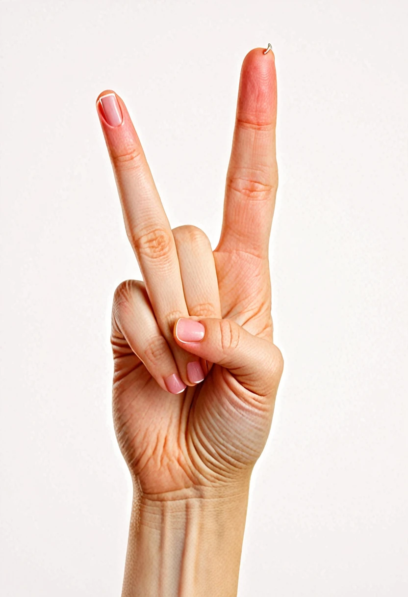 a hand making the peace gesture, with the index and middle fingers raised and separated to form a "V" shape, while the thumb, ring finger, and pinky are folded down towards the palm.

