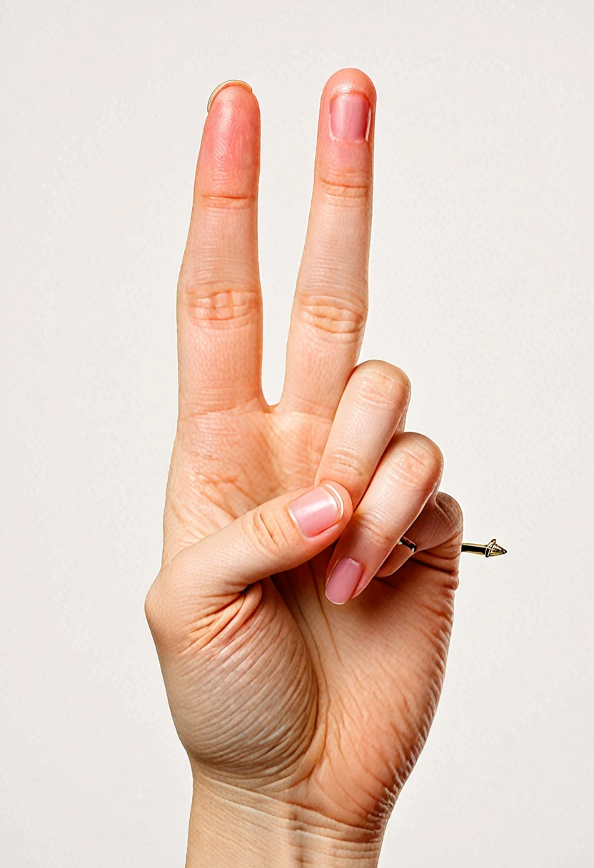 a hand making the peace gesture, with the index and middle fingers raised and separated to form a "V" shape, while the thumb, ring finger, and pinky are folded down towards the palm.