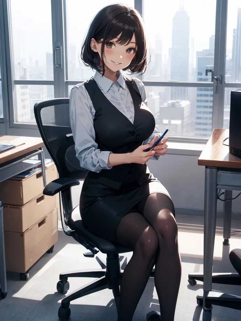 1lady sitting (crossed legs), office worker (stylish outfit), (gray vest) (pencil skirt), mature female, /(dark brown hair/) bangs, blush kind smile, (masterpiece best quality:1.2) delicate illustration ultra-detailed, large breasts, pantyhose BREAK (modern office indoors), window cityscape, detailed background