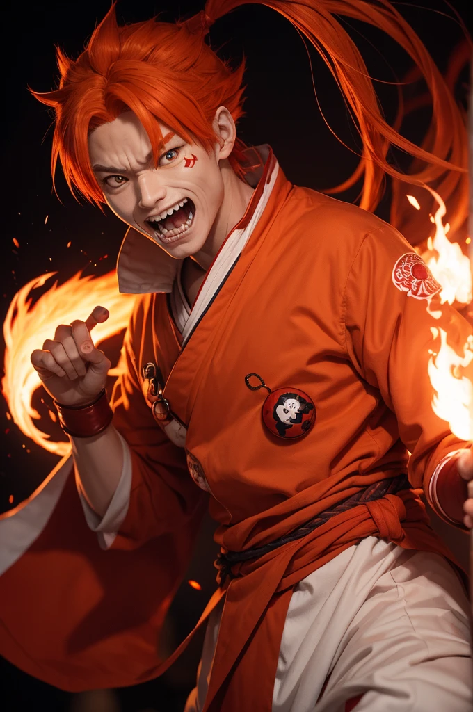 Crie um Kistune homem,with orange hair and red tips,typical Japanese clothes with flaming orbs on the back and ruby red eyes,with larger canine teeth.