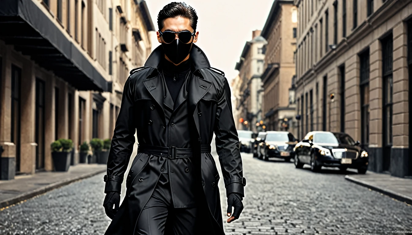 black trench coat, black hunter sunglasses, black hunter mask, the man chasing, amazing quality, (masterpiece), (high quality), 8K, high resolution, extremely detailed, photorealistic, clothes all over black, black formal wear, lean body,