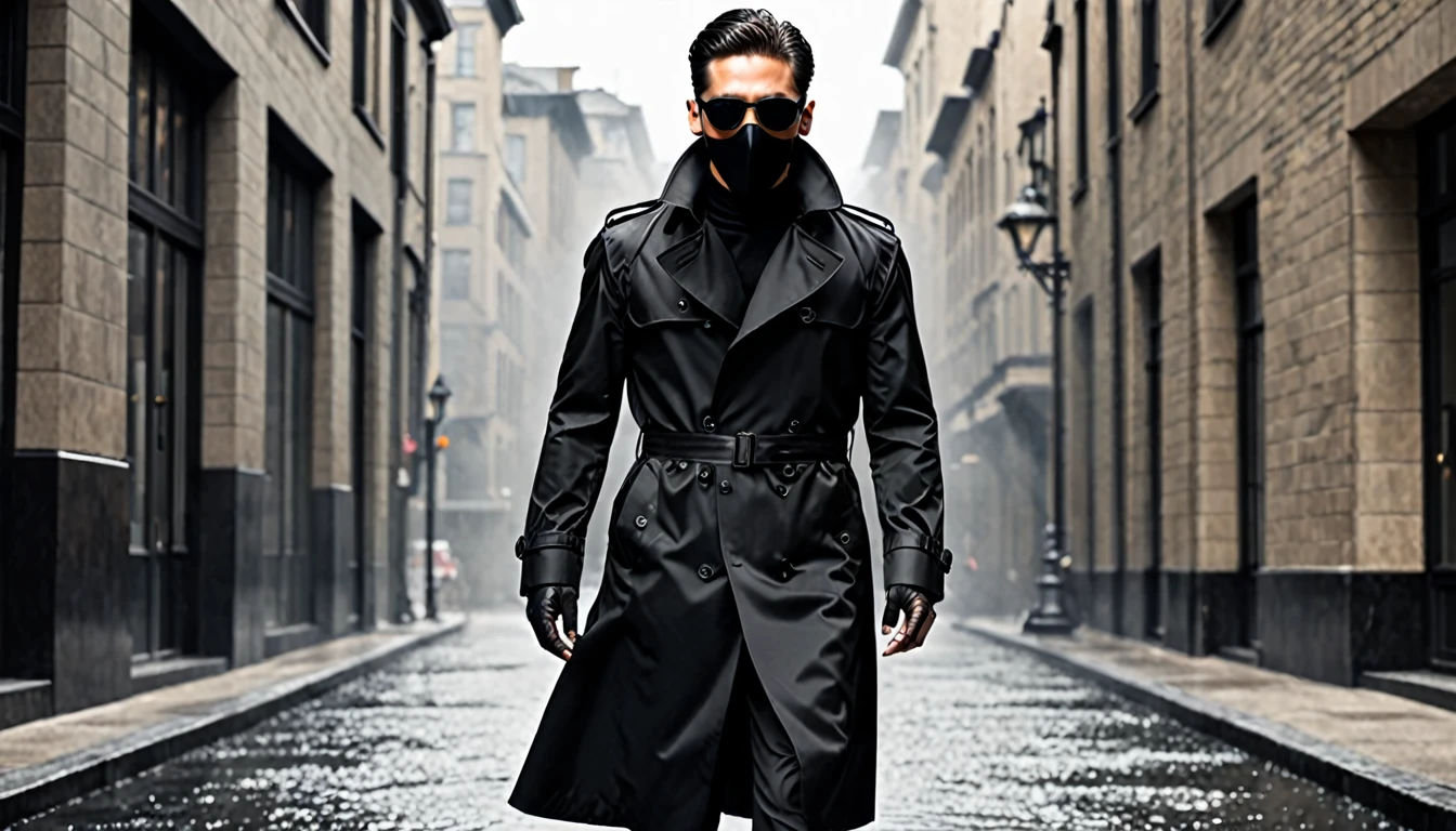 black trench coat, black hunter sunglasses, black hunter mask, the man chasing, amazing quality, (masterpiece), (high quality), 8K, high resolution, extremely detailed, photorealistic, clothes all over black, black formal wear, lean body,