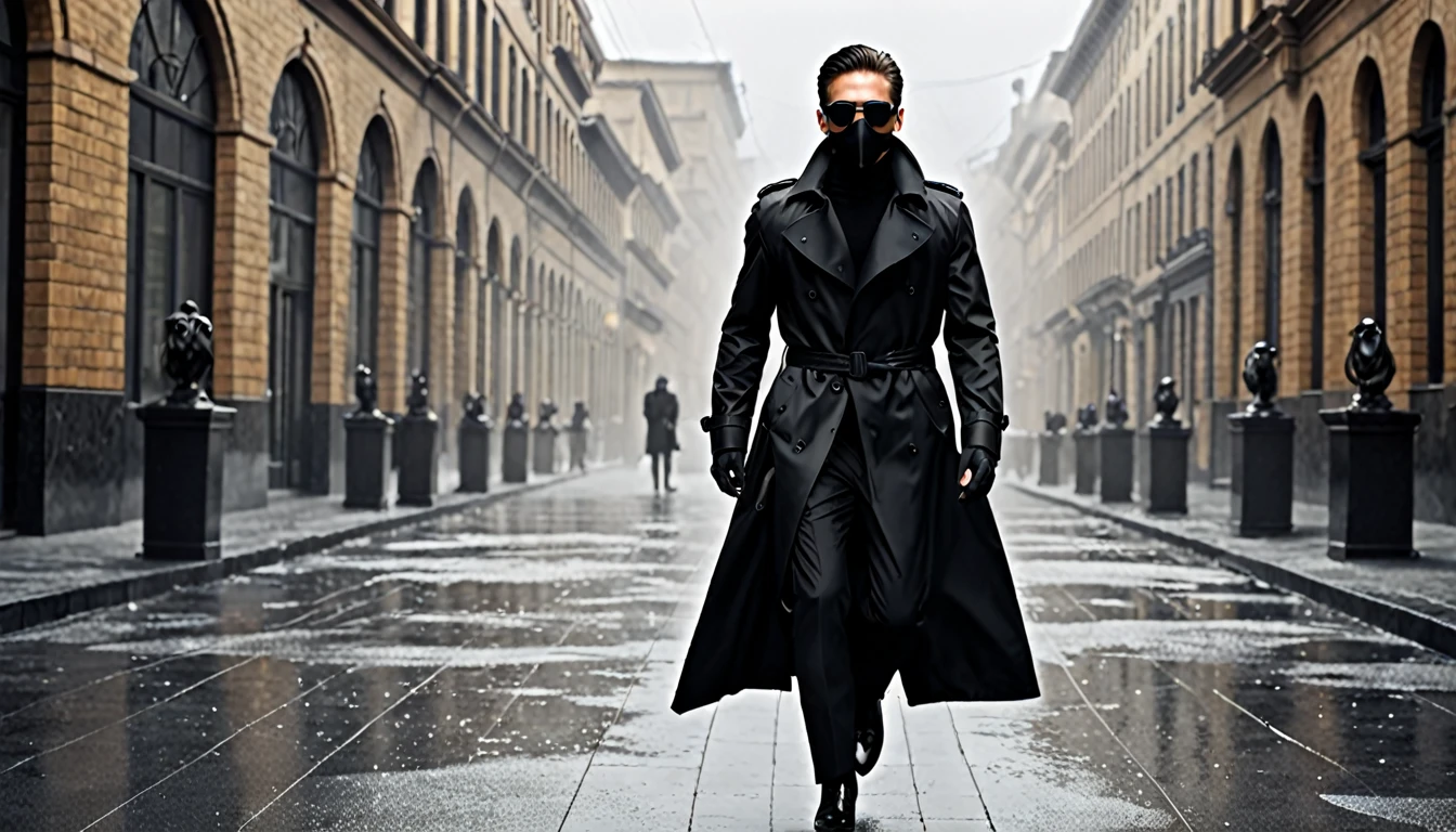 black trench coat, black hunter sunglasses, black hunter mask, the man chasing, amazing quality, (masterpiece), (high quality), 8K, high resolution, extremely detailed, photorealistic, clothes all over black, black formal wear, lean body,