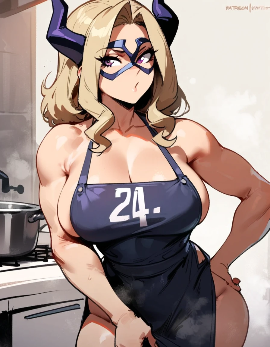 1girl, mount lady, boku no hero academia \\\\\ masterpiece, best quality, very aesthetic, absurdres, newest \\\\\\ sportive body, \\\\\\ by dodok, nyantcha, cutesexyrobutts, by khyle ///// blonde, purple eyes, , 24 years old,kitchen, wearing only apron, , naked