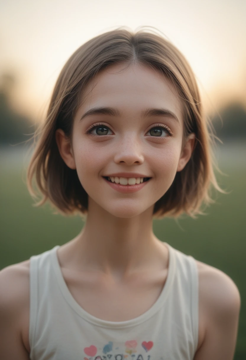 a cute, feminine 20-year-old skinny girl in a stylized digital graphic art piece. She is joyful with detailed features in a soft, muted color environment. The full-body composition shows a distant view at eye level. Sensory details: visual with depth of field and bokeh effects. Emotional tone: soothing. High contrast visuals