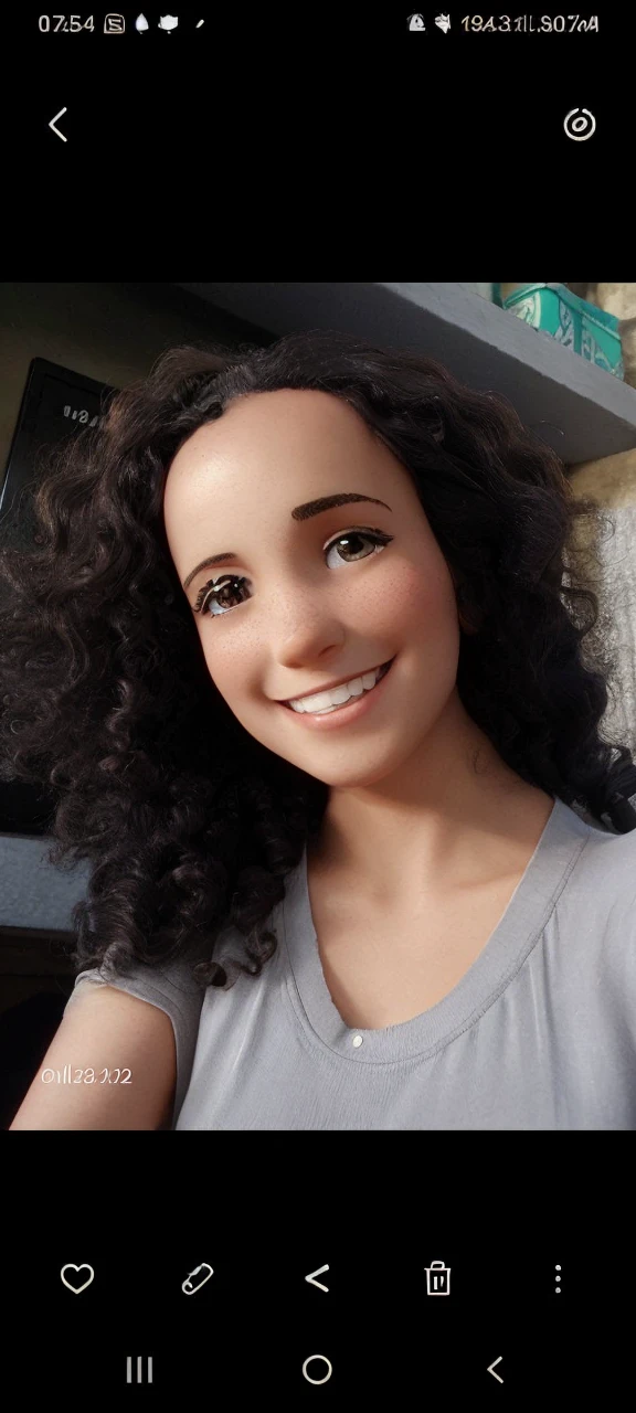 Curly brunette woman with big forehead smiling