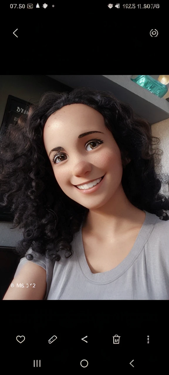 Curly brunette woman with big forehead smiling