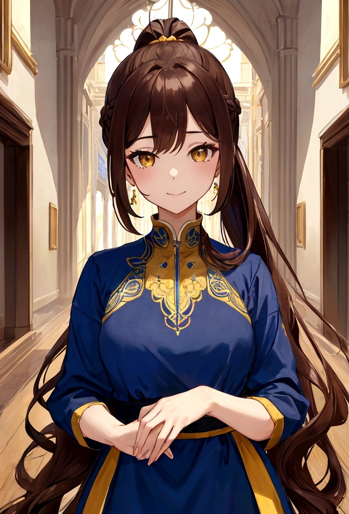 (masterpiece:1.2), best quality, 1 woman, close up, portrait, solo, long hair, ponytail, brown hair, looking at viewer, l ong dress, blue dress, ahoge, very long hair, yellow eyes, warm smile
