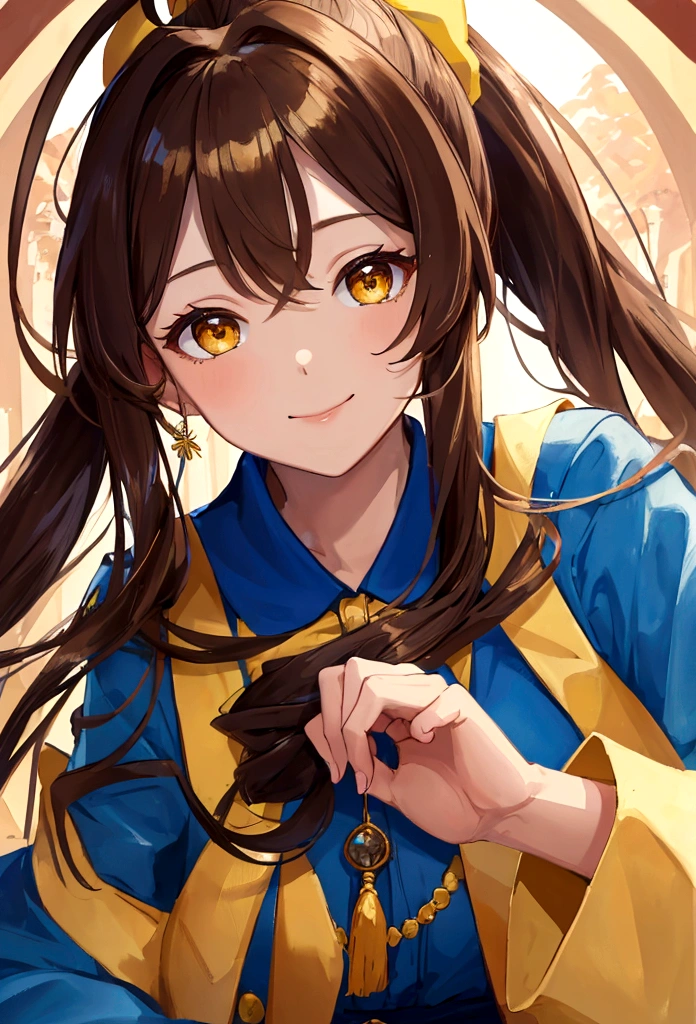 (masterpiece:1.2), best quality, 1 woman, close up, portrait, solo, long hair, ponytail, brown hair, looking at viewer, l ong dress, blue dress, ahoge, very long hair, yellow eyes, warm smile