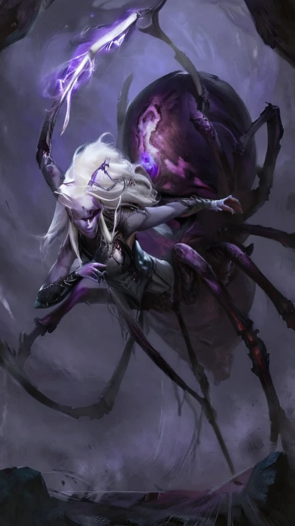 closeup, portrait, fantasy 4r4chn1d girl, detailed face, concept art, digital art, realistic, closeup, solo, warrior, arachnid, evil, beauty face, character focus, white hair, purple skin, long hair,spear,necromancy, combat stance, attacking, fearsome