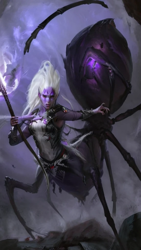 closeup, portrait, fantasy 4r4chn1d girl, detailed face, concept art, digital art, realistic, closeup, solo, warrior, arachnid, evil, beauty face, character focus, white hair, purple skin, long hair,spear,necromancy, combat stance, attacking, fearsome