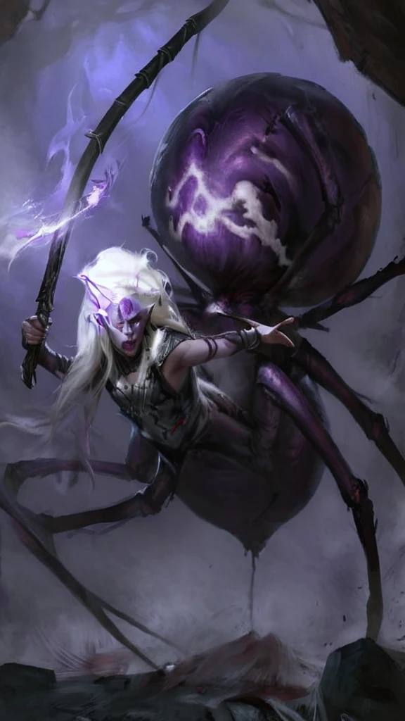 closeup, portrait, fantasy 4r4chn1d girl, detailed face, concept art, digital art, realistic, closeup, solo, warrior, arachnid, evil, beauty face, character focus, white hair, purple skin, long hair,spear,necromancy, combat stance, attacking, fearsome