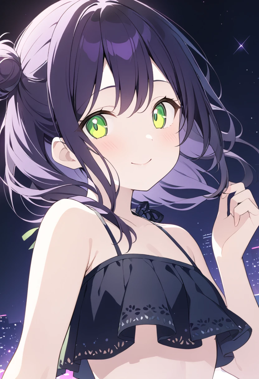 Highest quality, masterpiece,Black dark blue hair, Fluorescent yellow-green eyes,Big eyes,Front angle、Gazing at the audience、Upper Body,hair,Fair skin,長いhair、Purple hair tips、Highest quality、最高masterpiece、smile、長いhair、Purple hair tips、Night sky background、Dark Background、Perfect Face、Cute face、Swimwear