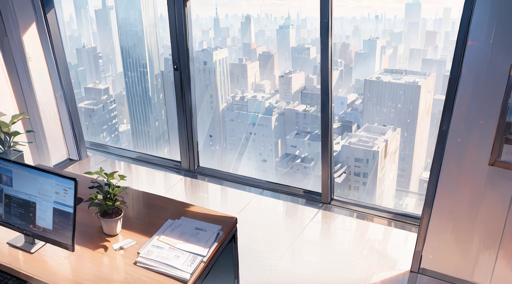 ((best quality)), ((masterpiece)), (detailed), office, president's office, floor-to-ceiling windows, top-down view scene,Potted plants,There is a computer and documents on the desk, an anime scene,the wooden floor,,, glowing, best quality, high details, epic, dramatic, cinematic lighting, detailed textures, (masterpiece, best quality:1.2)