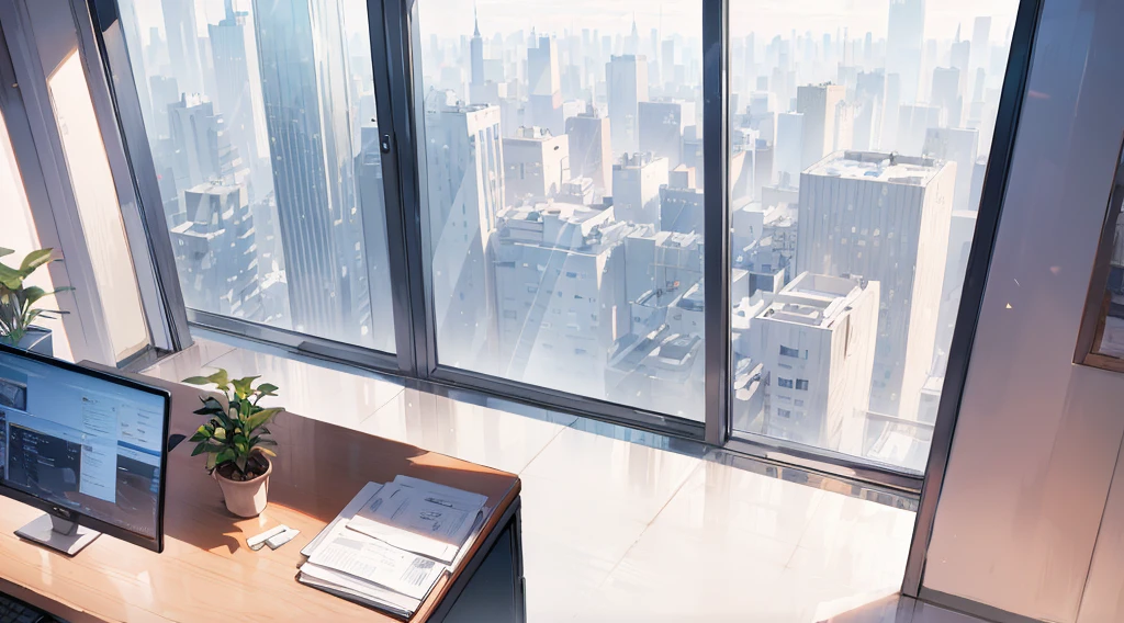 ((best quality)), ((masterpiece)), (detailed), office, president's office, floor-to-ceiling windows, top-down view scene,Potted plants,There is a computer and documents on the desk, an anime scene,the wooden floor,,, glowing, best quality, high details, epic, dramatic, cinematic lighting, detailed textures, (masterpiece, best quality:1.2)