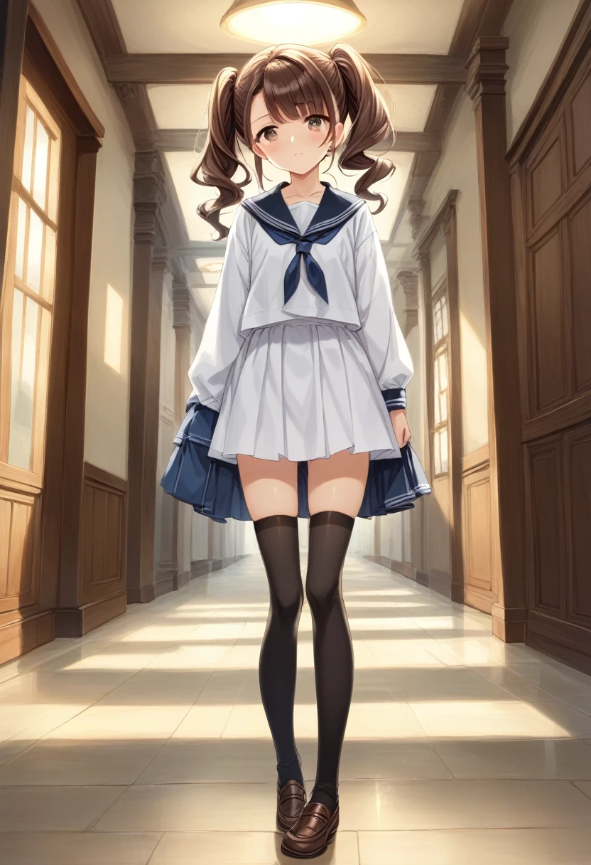 from front, upperbody,dsrise, brown hair, long hair, twintails, brown eyes, yasogami , serafuku, black thighhighs, 1girl, solo BREAK standing, school hallway, cinematic, game cg, anime screencap, official art, masterpiece, best quality