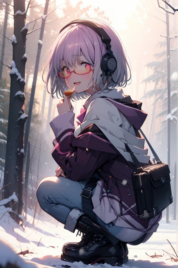 akaneshinjou, shinjou akane, Light purple hair, (Pink Eyes:1.2), short hair,Akagi Glasses,hair band,smile,blush,White Breath,Big Breasts,
Open your mouth,snow,Ground bonfire, Outdoor, boots, snowing, From the side, wood, suitcase, Cape, Blurred, having meal, forest, White handbag, nature, Squat, Mouth closed, Cape, winter, Written boundary depth, Black shoes, red Cape break looking at viewer, Upper Body, whole body, break Outdoor, forest, nature, break (masterpiece:1.2), Highest quality, High resolution, unity 8k wallpaper, (shape:0.8), (Beautiful and beautiful eyes:1.6), Highly detailed face, Perfect lighting, Highly detailed CG, (Perfect hands, Perfect Anatomy),