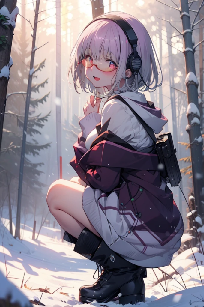 akaneshinjou, shinjou akane, Light purple hair, (Pink Eyes:1.2), short hair,Akagi Glasses,hair band,smile,blush,White Breath,Big Breasts,
Open your mouth,snow,Ground bonfire, Outdoor, boots, snowing, From the side, wood, suitcase, Cape, Blurred, having meal, forest, White handbag, nature,  Squat, Mouth closed, Cape, winter, Written boundary depth, Black shoes, red Cape break looking at viewer, Upper Body, whole body, break Outdoor, forest, nature, break (masterpiece:1.2), Highest quality, High resolution, unity 8k wallpaper, (shape:0.8), (Beautiful and beautiful eyes:1.6), Highly detailed face, Perfect lighting, Highly detailed CG, (Perfect hands, Perfect Anatomy),