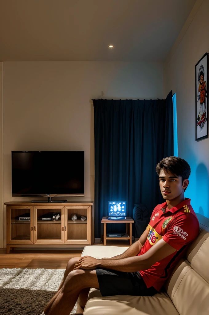 In a spacious , tastefully decorated living room , a lifelike scene unfolds. A young man approximately 17 years old , engrossed on an IPL match , sits before a grand LED TV. He proudly sports a vibrant RCB team jersey on which name "Bikesh" and the number "48 RCB" emblazoned boldly. The natural lighting cascades through the room illuminating every detail, while the LED TV screen displays the match in all its glory , captivating the viewer's attention 
