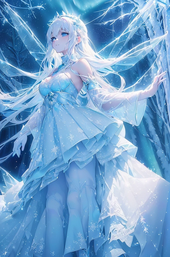 ((Highest quality)),((Detailed anime girls)),(((Delicate winter fairy, Icy blue wings, Dancing gracefully in the snowy forest. Her hair is as white as fresh snow, Decorated with tiny icicles that sparkle in the moonlight. She is wearing a gown made of frosty lace and snowflakes, And her breath is small, Clouds sparkling in the cold air. The forest is quiet and peaceful, Tall pine tree々is covered with thick snow. The ground is dotted with sparkling ice crystals and frozen streams.. background, The aurora casts a magical glow across the sky, Creates an otherworldly atmosphere. Fantasy art style, Detailed and vivid textures, Cool color palette))),((Browsing Caution)),(((Sexy pose))