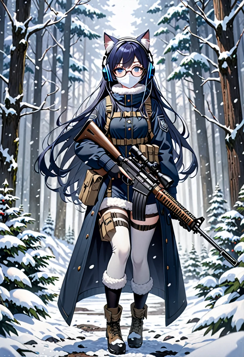 8K Ultra High-Quality, ultra-detailed, High quality, Dark Blue hair, Long hair, Headset, cat girl, winter Military clothes, white face mask, body harness, holding a rifle, Looking at viewer, choker, glasses, full body, snowing forest background