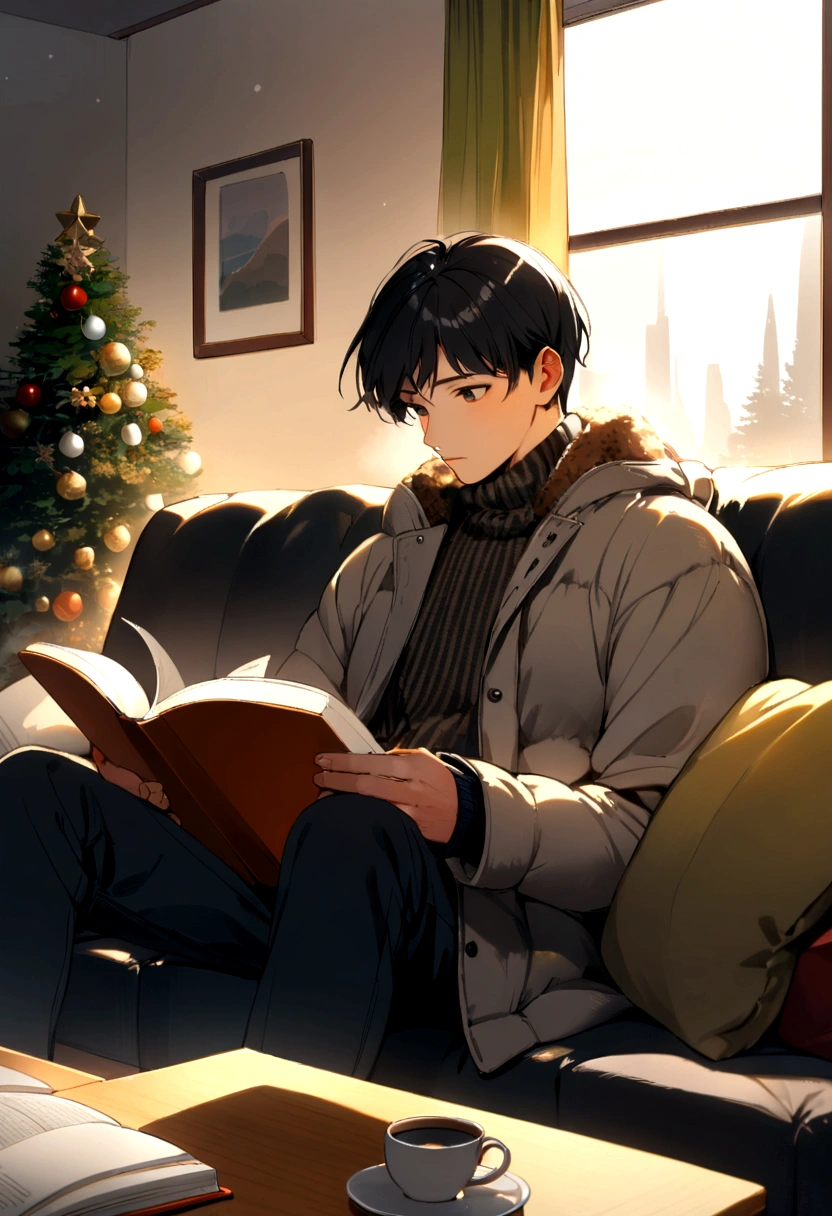 boy, 20 years, black hair, winter clothes, sitting on the couch, reading, warm, in room, winter