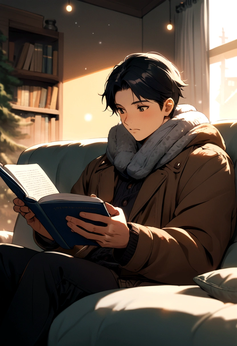 boy, 20 years, black hair, winter clothes, sitting on the couch, reading, warm, in room, winter