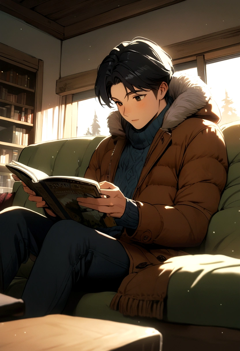 boy, 20 years, black hair, winter clothes, sitting on the couch, reading, warm, in room, winter