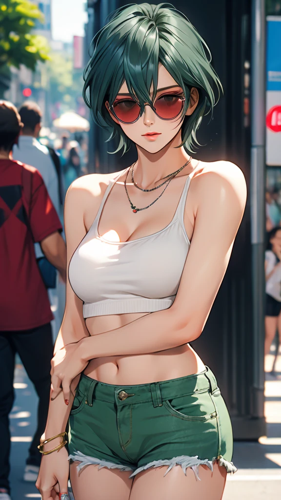 Beautiful young woman with green hair and red top posing in front of a building, seductive girl, wearing a low cut tanktop, attractive girl, beautiful alluring woman, realistic shaded perfect body, revealing clothes, realistic artstyle, extremely detailed artgerm, [ 4 k digital art ]!!, by Shitao, digital illustration, realistic bikini