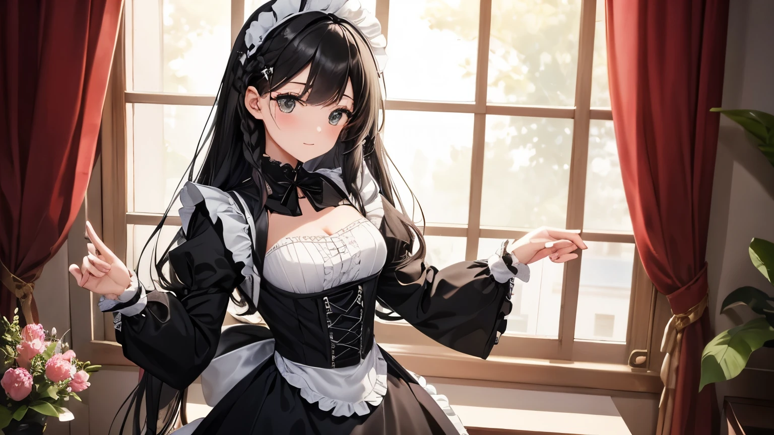A beautiful girl wearing a black maid outfit with lots of frills and lace Long sleeve Black hair braid with hair ornament Upper Body