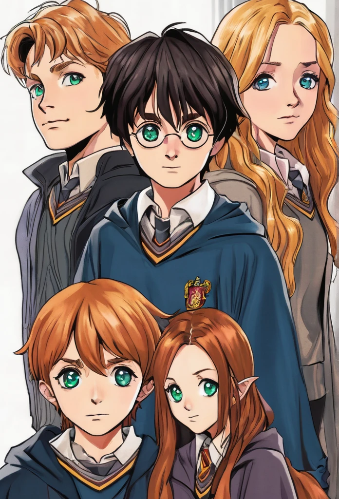 dessin de couverture Harry Potter style manga , in foreground Harry Potter Gryffondor black hair and green eyes, Ron Weasley, redhead with brown eyes, and Hermione Granger fille, brunette, brown eyes, in the background Draco Malfoy Serpentard platinum blonde, gray eyes, Ginny Weasley fille rousse yeux marrons Gryffondor , In the last shot Luna lovegood fille blue eyes and dark blond hair and Neuville Londubat garçon blond yeux marrons Gryffondor