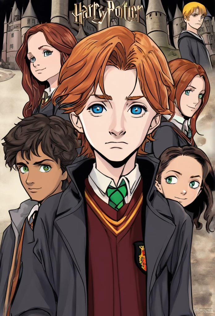 dessin de couverture Harry Potter style manga , in foreground Harry Potter Gryffondor black hair and green eyes, Ron Weasley, redhead with brown eyes, and Hermione Granger fille, brunette, brown eyes, in the background Draco Malfoy Serpentard platinum blonde, gray eyes, Ginny Weasley fille rousse yeux marrons Gryffondor , In the last shot Luna lovegood fille blue eyes and dark blond hair and Neuville Londubat garçon blond yeux marrons Gryffondor