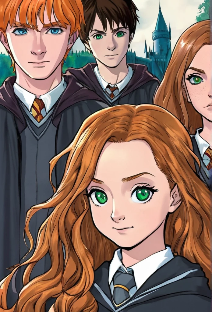 dessin de couverture Harry Potter style manga , in foreground Harry Potter Gryffondor black hair and green eyes, Ron Weasley, redhead with brown eyes, and Hermione Granger fille, brunette, brown eyes, in the background Draco Malfoy Serpentard platinum blonde, gray eyes, Ginny Weasley fille rousse yeux marrons Gryffondor , In the last shot Luna lovegood fille blue eyes and dark blond hair and Neuville Londubat garçon blond yeux marrons Gryffondor