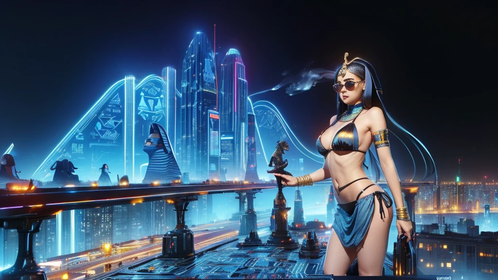 (((a large-breast bikini slim GIRL with black micro sunglasses))), (((aiming at viewer with a pistol))), a balcony of a futuristic building, aerial view of an ultra-futuristic megalopolis, many metal buildings and houses in dark colors from dark blue to black, a cidade tem tons de cinza metal, has smoky metal structures , industrial environment with smoke and fog around, carros escuros nas ruas, desert megalopolis, trilhos e trens modernos de de metal passando estre as ruas da cidade, tall futuristic metal buildings, many ultra modern buildings around, (((an Egypt sphinx statue on the top of building))), realistic, detailed, sci-fi.
