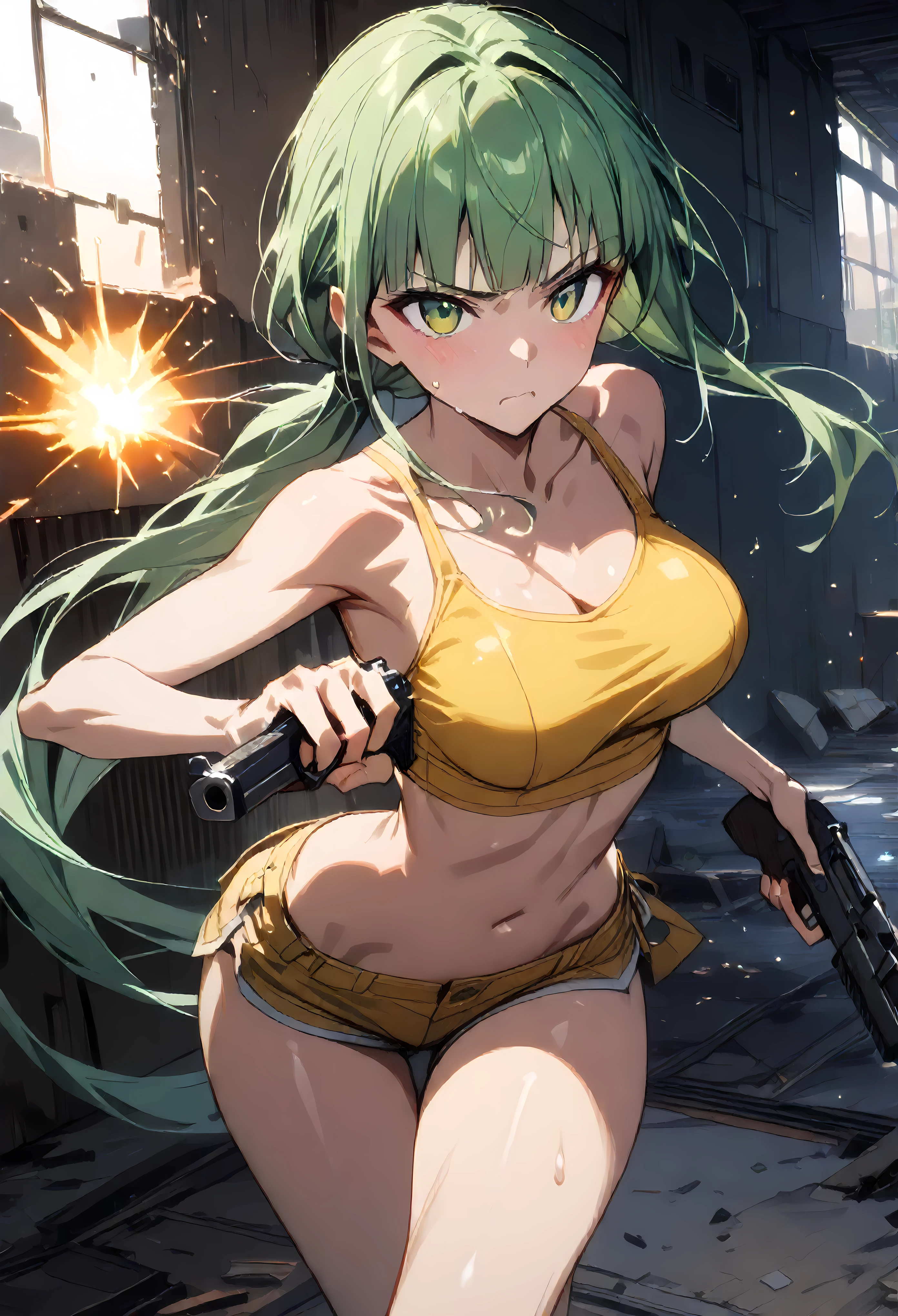 Action Sceneasterpiece,Highest quality:1.3)),cowboy shot,1woman,30 year old beauty、Investigator、solo,(very small head:1.3),green hair,(low ponytail),long hair,blunt bangs,green eyes,gorgeous eyes,Serious expression、medium breasts,(very long body:1.2),(toned body,slender body,skinny),gleaming skin,shiny skin,oily skin,Yellow tube top shirt、navel、Yellow micro shorts、A precisely rendered handgun in one hand、((Shoot a gun、Firing stance)),run、Tracking、Inside an abandoned building、World of Blade runner、