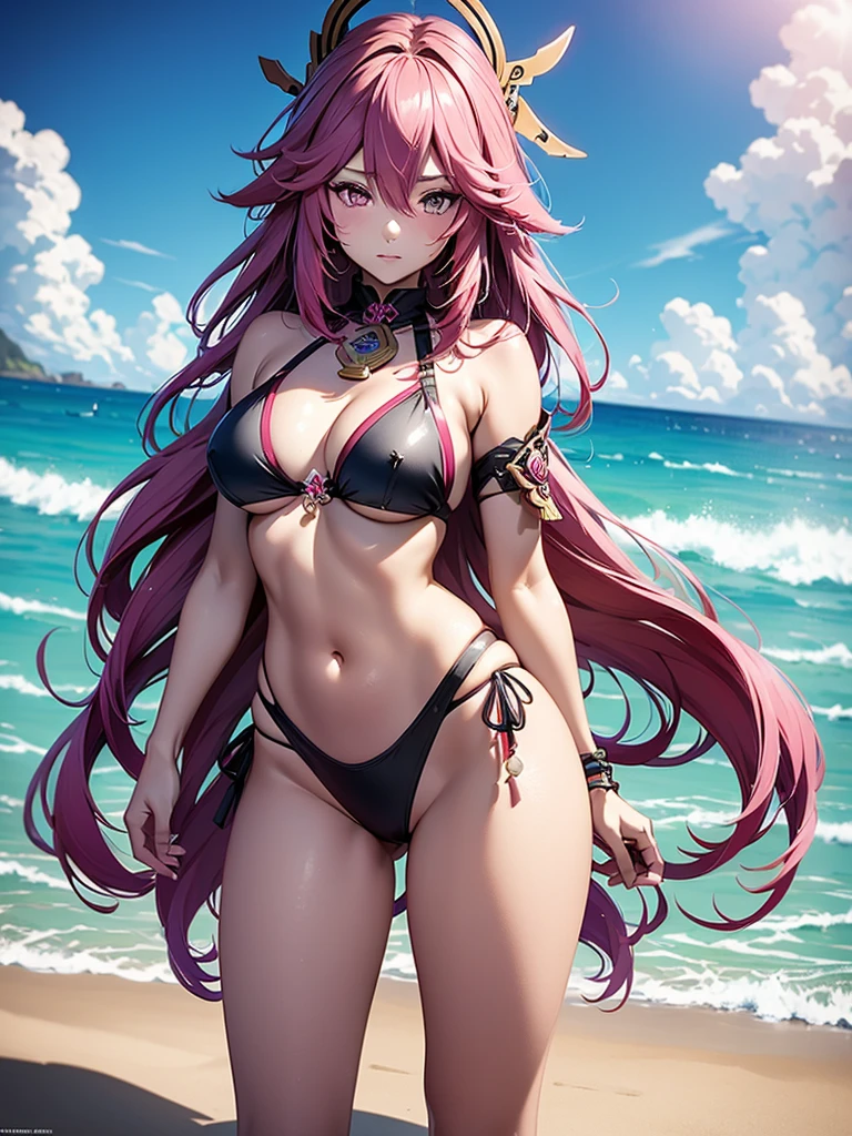 Yae miko from Genshin impact, 1woman, wearing a sexy black colour bikini at a beach, pink colour hair, 8k, high detailed, high quality
