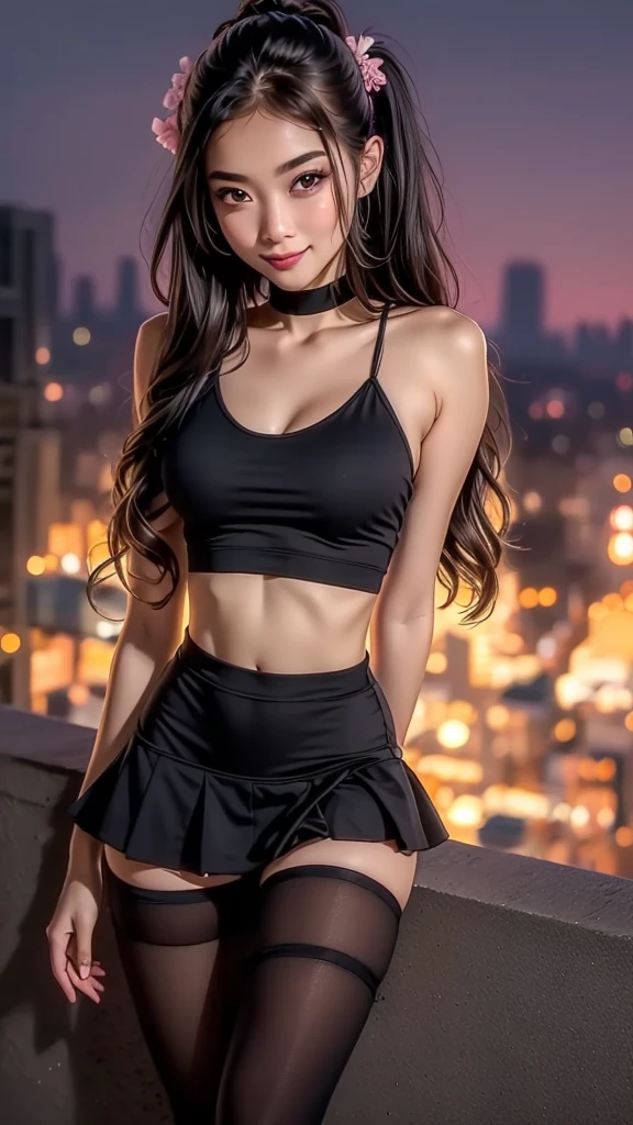 extremely detailed CG unity 8k wallpaper, best quality, ultra-detailed, masterpiece, realistic, photo realistic, blush, parted lips, looking at viewer , half body shot , (Perona One Piece), ping long hair, blushing, beautiful face, embarrassed face, standing, arms behind head, cute face, goth outfit, twintails, outdoor, sakura blossom, stripe legging, skirt, smile at viewer,