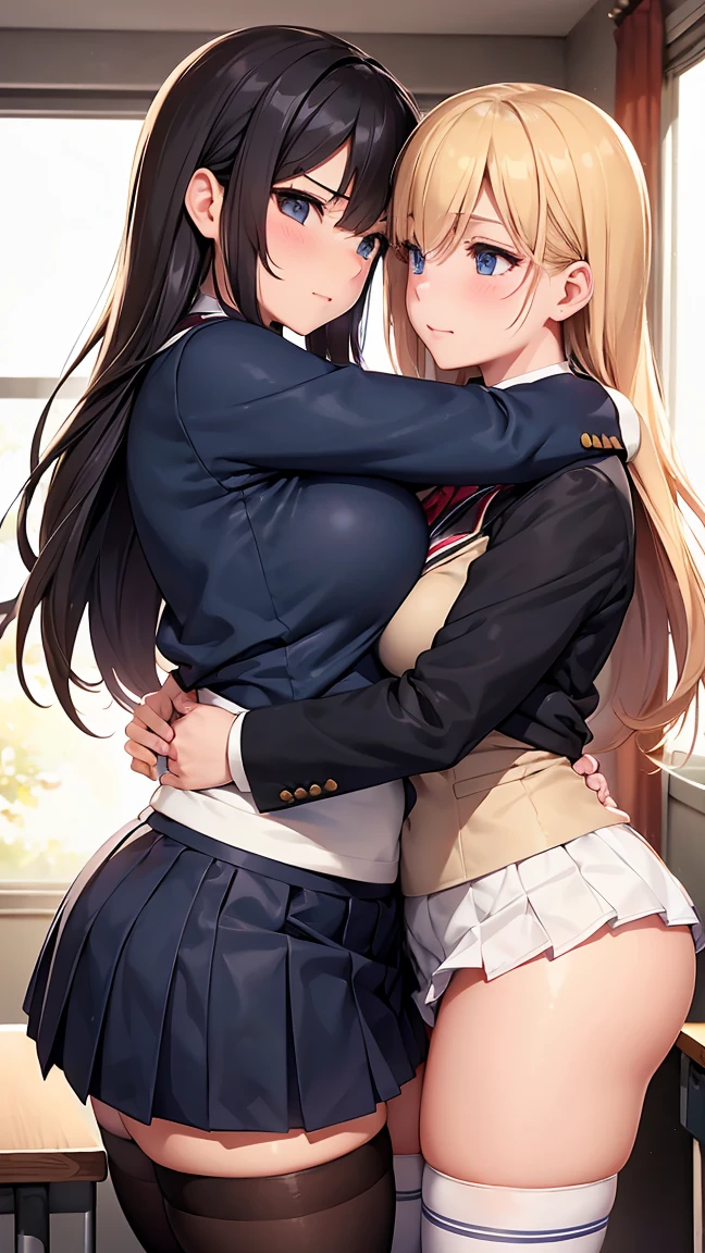 (Two beautiful young people, Perfect body, beautiful and plump breasts, classroom, high school girl, blazer, Pleated skirt, thighhighs, angry), (hug, Symmetric docking, Breast Press:1.4), Squashed chest, (eye contact, Look at another:1.5), (Highest quality, 8K, High resolution, masterpiece:1.2), Super detailed, Realistic, photoRealistic, photo-Realistic:1.37, Portraiture, Soft and warm lighting