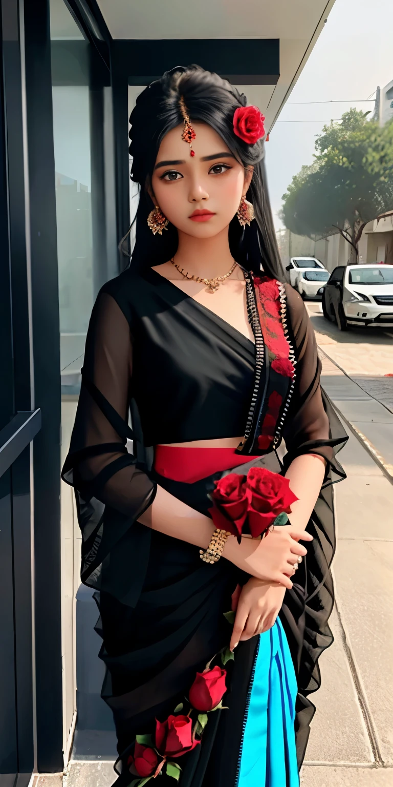A girl which are 16 year old and she is wearing a black saree and stand with red rose flower in sad mood 8 k emage 