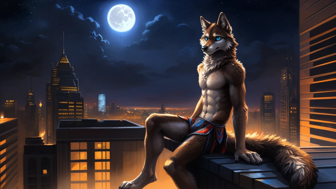 ((Solo)), male people, anthro wolf, (Multi-colored fur, White-brown:1.3), ((Wolf face, Big eyes, White eyelids, Blue pupil, Slim:1.2) (Tough, Calm expression:1.2)), (Height 2.1 meters,Tail length 1.5m), Abs, Slim, pinging, (Correct anatomy), (Contour bone:1.2), The upper body is naked, (detailed outfits), a long large tail,Feet,(Realistic fur, Detailed fur texture, labeled:1.3)), (Natural lighting), Photorealistic, Hyperrealistic, ultradetailed, by Kenket,In the modern city,Roof,the night,Sit alone,Look at the full moon,It was dark,Starry
