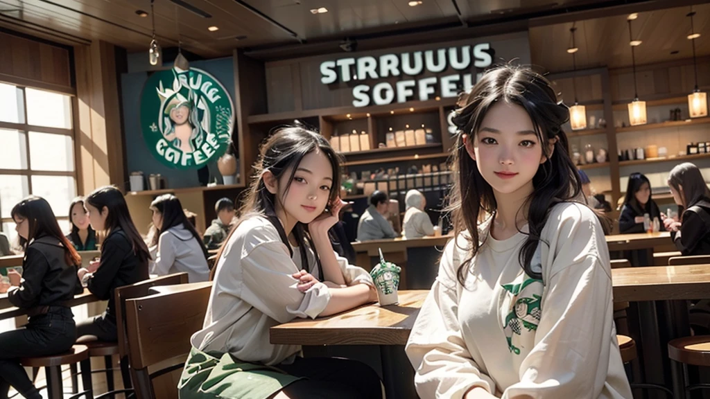 8K、RAW Photos、Highest quality、Super detailed、Super Resolution、Ultra HD、8K壁紙、Amazing details
(((Inside the Starbucks store)))、Woman sitting at a table by the window、16-year-old girl、((((Girls&#39; High School Uniforms))))、(((Eat cake、Drink coffee、smile)))(((Emphasize cleavage)))
